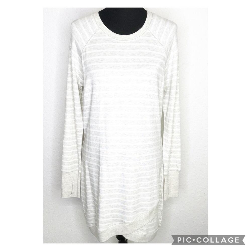 Athleta oatmeal white striped knit tunic asymmetrical hem dress size Medium